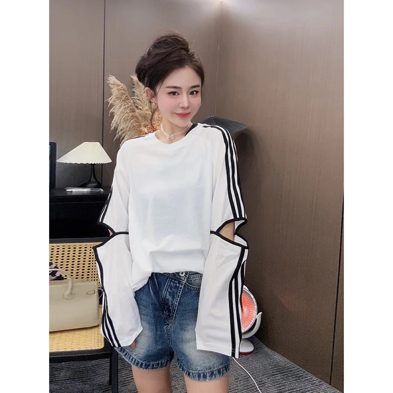 2025夏季新款时尚三条杠长袖T恤女网红欧货设计感洋气圆领上衣ins