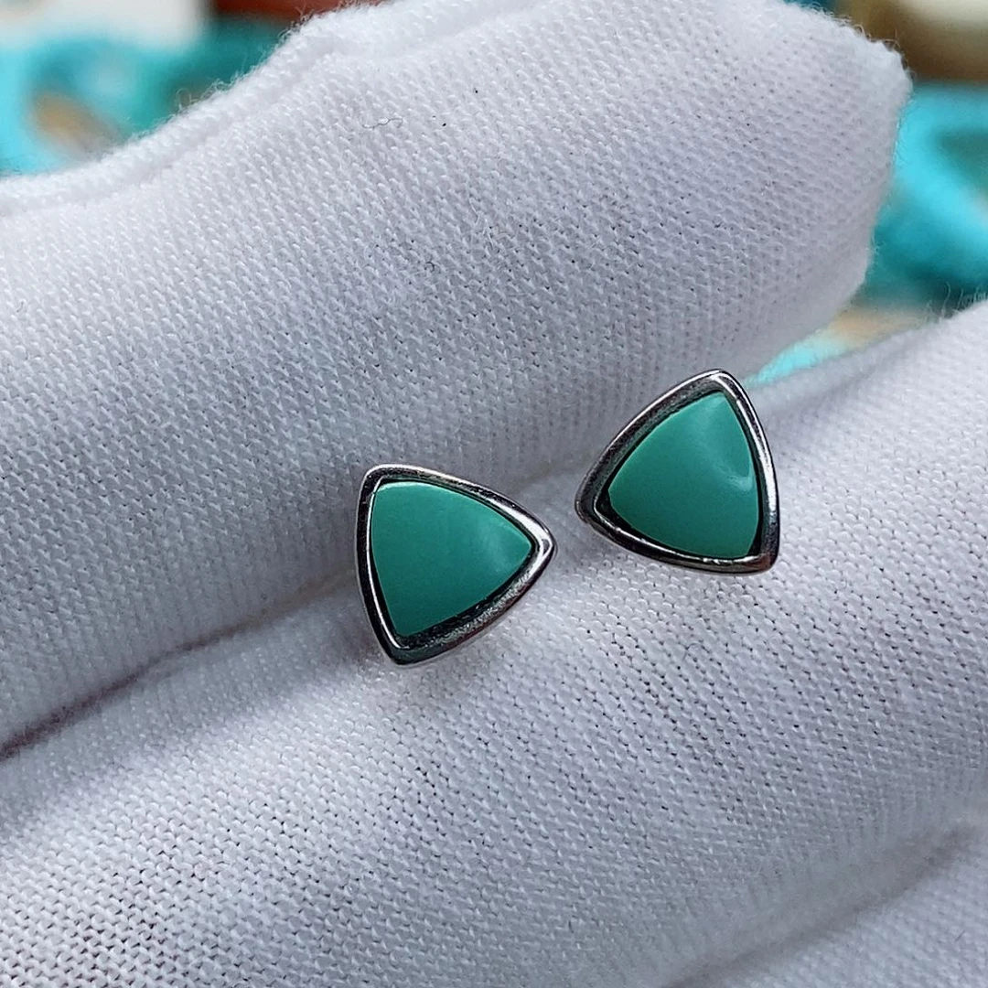 绿松石银S925镶嵌高瓷绿精品耳钉
