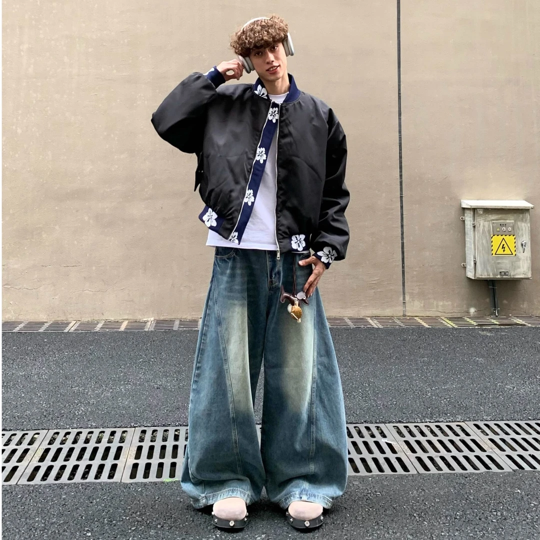 原创vintage美式复古针织花卉拼接提花cleanfitcleanfit外套夹克