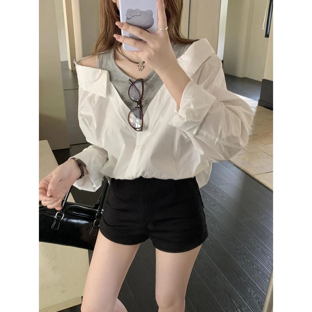 设计感假两件露肩长袖衬衫2025春季新款大码女装欧货减龄衬衣上衣