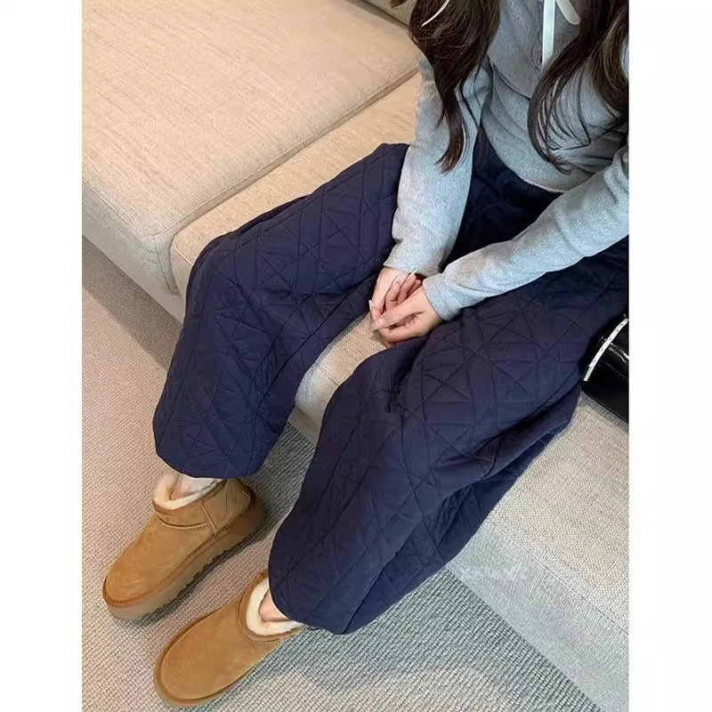 胖mm特大码300斤欧货慵懒感菱格保暖休闲棉裤女显瘦百搭直筒裤冬