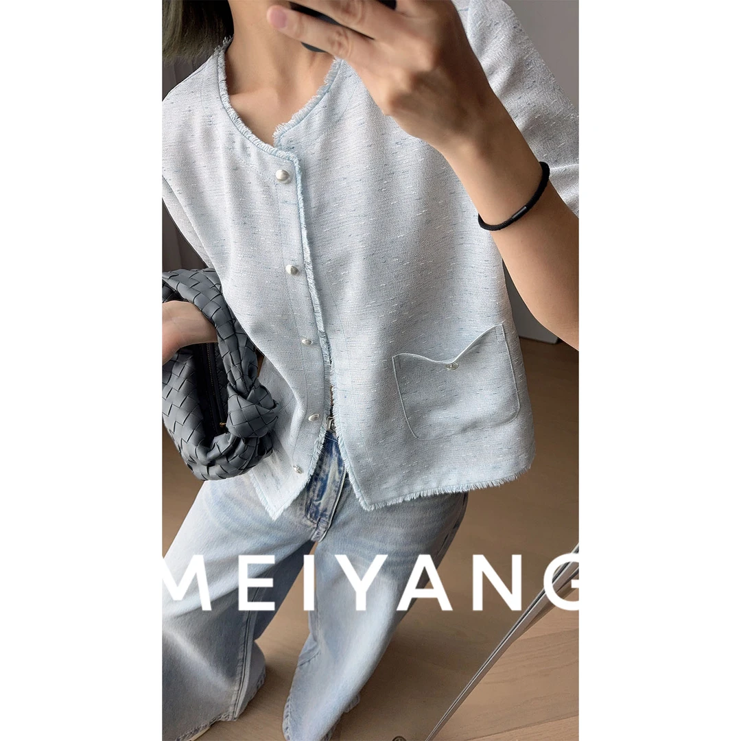 美洋MEIYANG 超薄小香外套 点状肌理优雅圆领正肩短袖上衣-周一