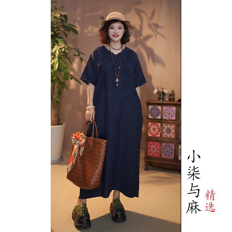 【小柒与麻】100%高定雨露汉麻苏绣V领短袖裙袍（衣长120胸围122）