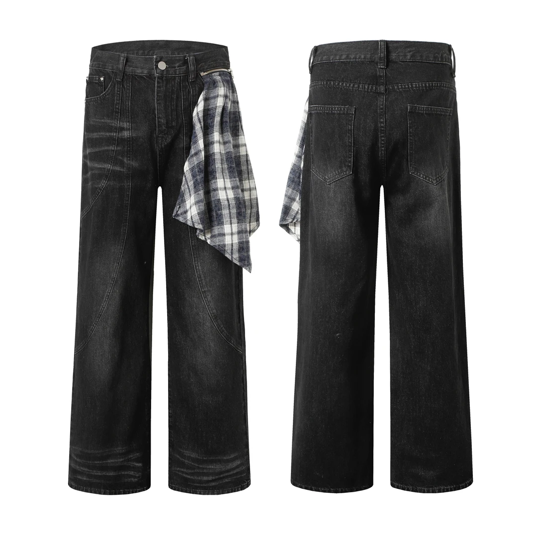 水洗拼接高腰四季磨白中腰牛仔裤复古阔腿裤休闲裤长裤裤子