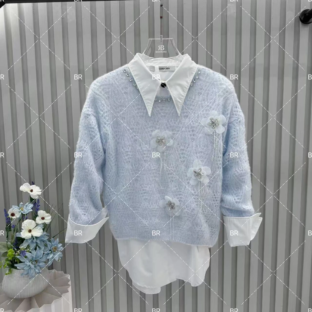 【丹】2025年秋季新款蝴蝶结打底针织衫女轻奢蓝色拼毛衫5461