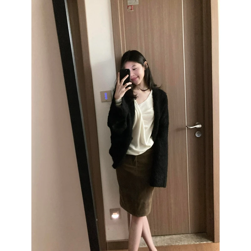 法式纯欲风荡领假两件长袖咖色高腰直筒裙修身百搭毛衣针织开衫女