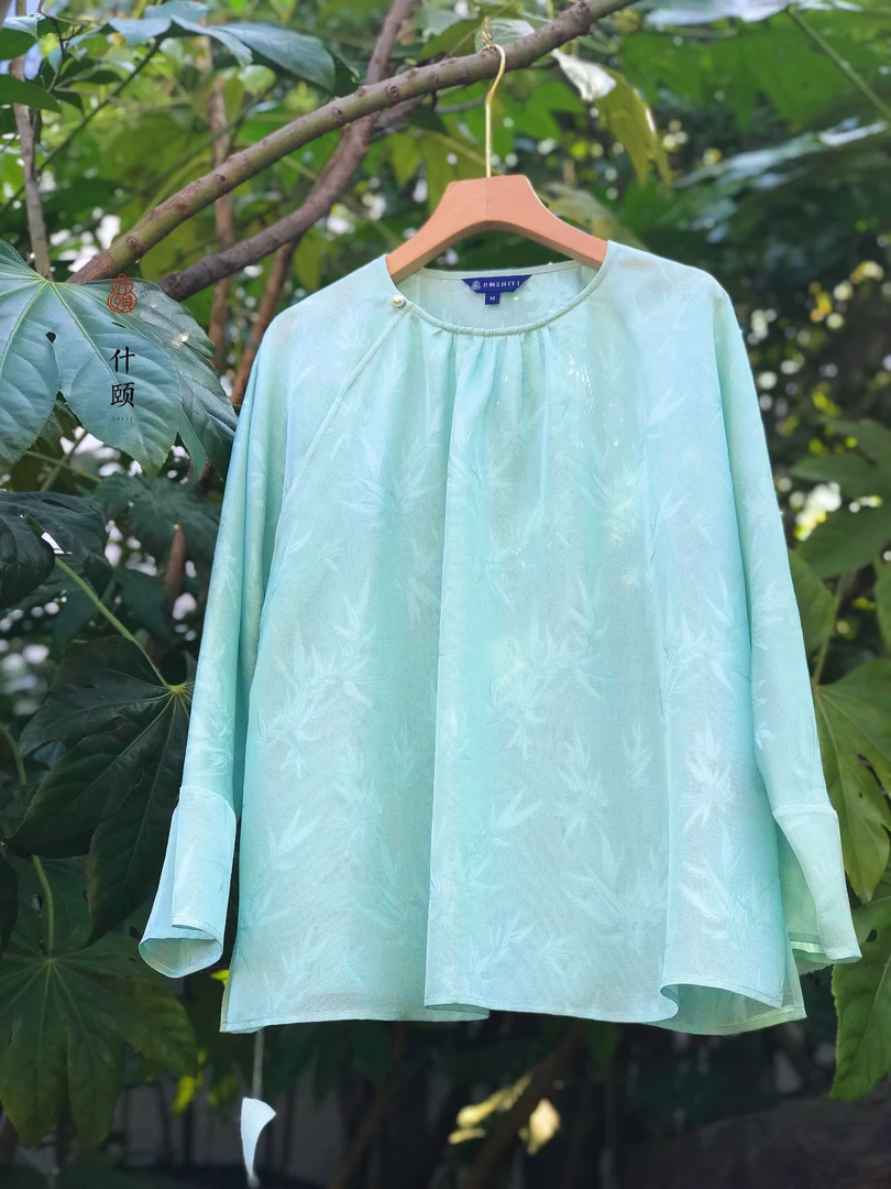 什颐新中式【苏州非遗织造四经绞罗】薄荷绿竹叶罗圆领抽褶上衣