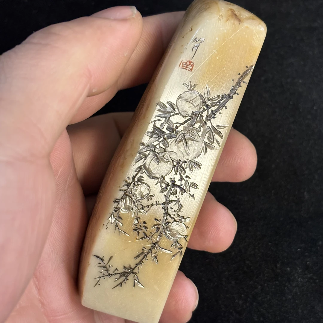 竹月刻绘昌化石刻石榴印石章料25*25*99毫米