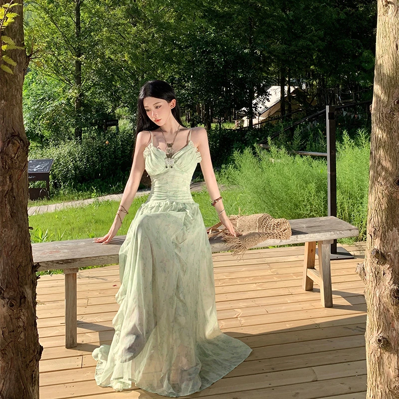 绿野仙踪可调节吊带连衣裙荷叶边褶皱仙女裙修身长裙含胸垫