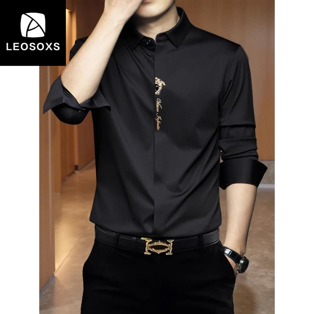 春秋潮牌痞帅薄款衬衣男款弹力修身免烫抗皱黑色休闲男士长袖衬衫