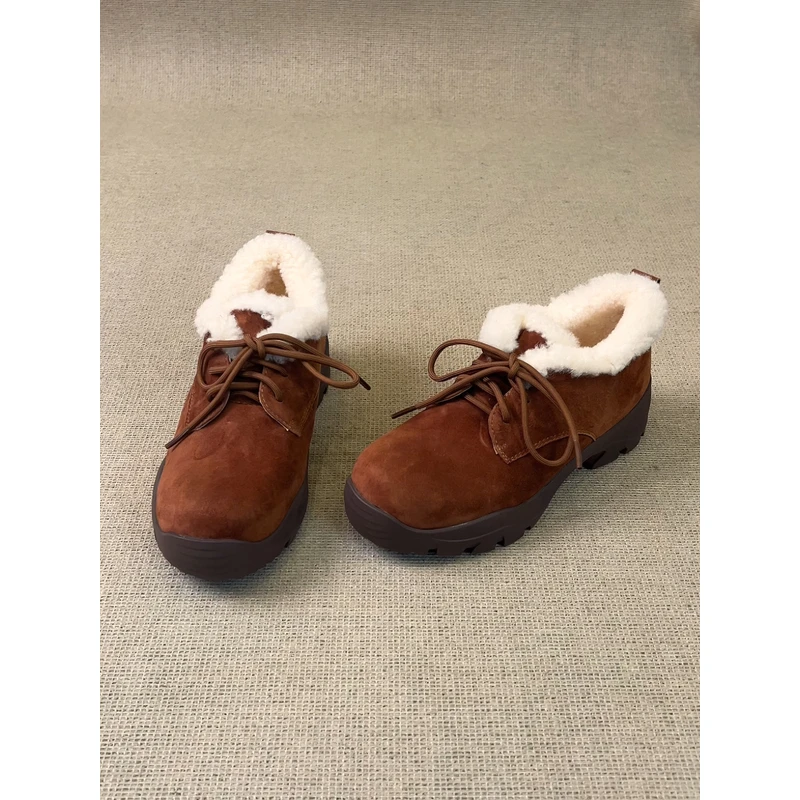 nnmiss/4.5cm复古风圆头羊羔毛保暖登山鞋通勤运动厚底磨砂休闲鞋