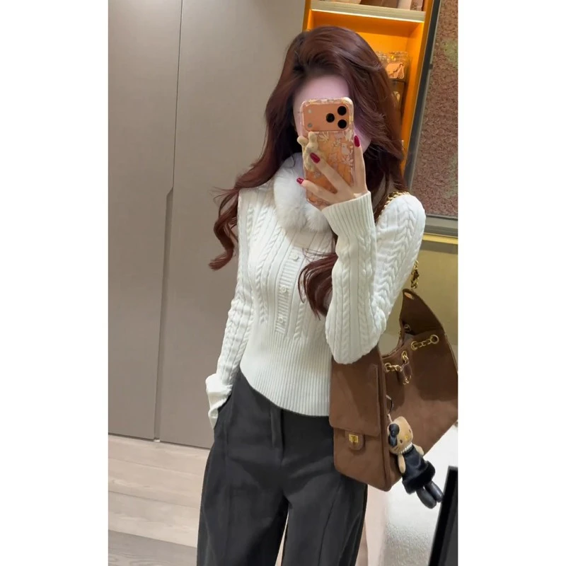 法式可拆卸毛领白色套头麻花毛衣女秋冬季加厚收腰显瘦针织衫上衣