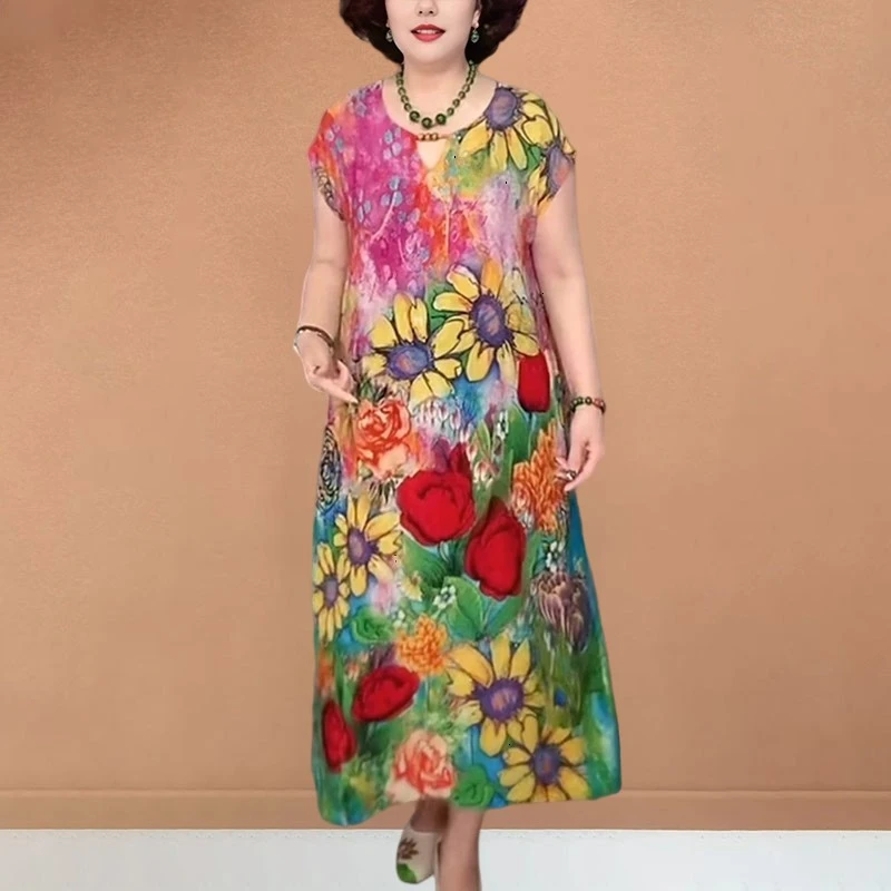 夏季新款高档洋气大码女士非花连衣裙短袖宽松显瘦百搭气质裙子