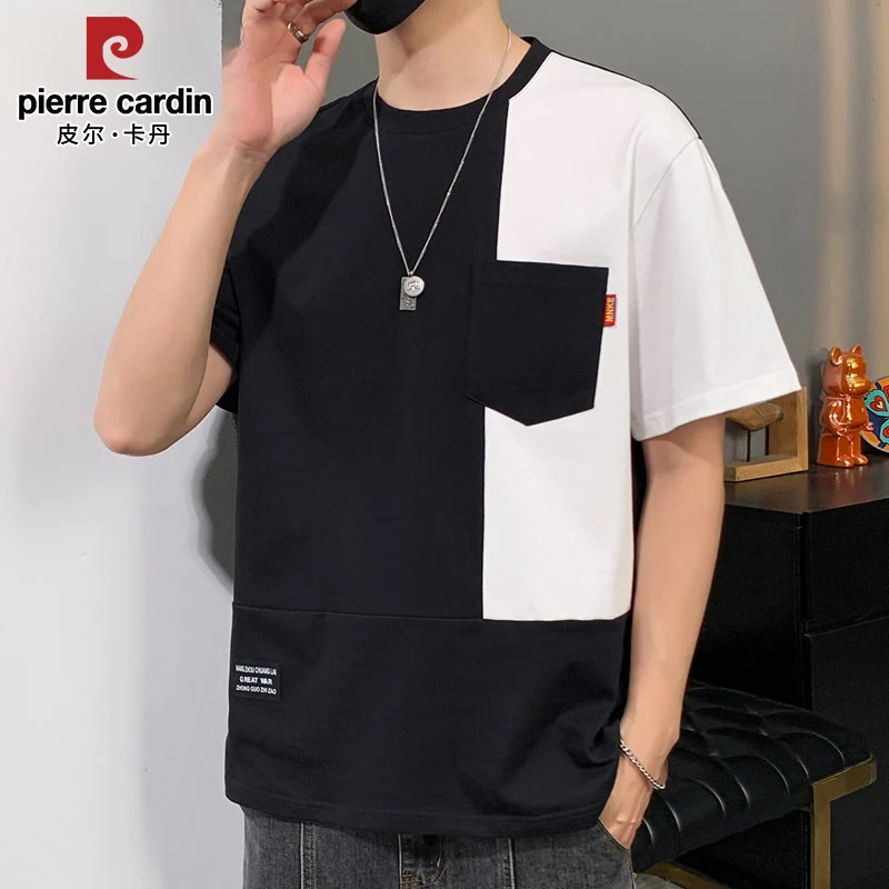 皮尔卡丹短袖T恤男士夏季薄款宽松透气拼接撞色圆领百搭休闲男裤