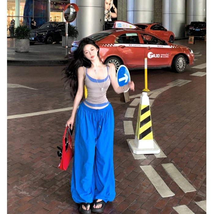 辣妹撞色修身短款吊带背心女夏季设计感套装休闲阔腿裤长裤三件套