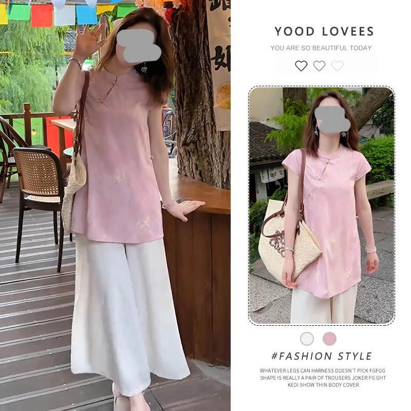 新中式禅意时尚穿搭套装女夏季新款国风短袖衬衫上衣宽松阔腿裤