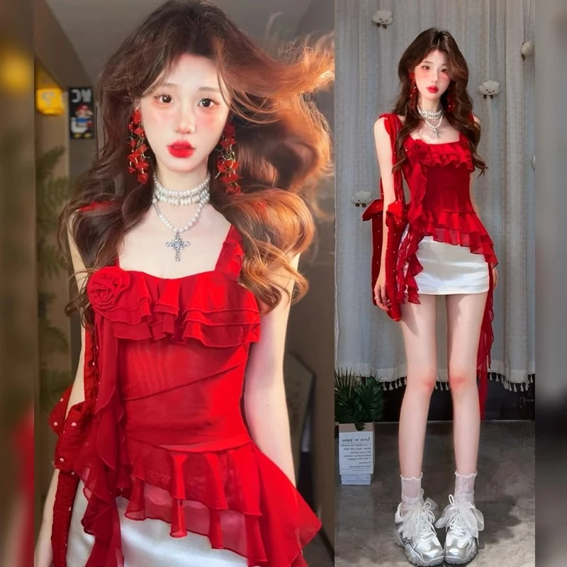 不规则荷叶边飘带红色吊带背心女夏季外穿性感甜辣妹修身无袖上衣