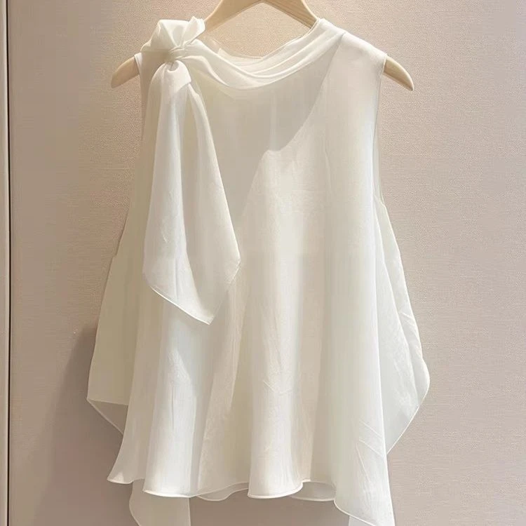 独特漂亮洋气高端别致小衫法式小上衣白色无袖衬衫2025新款女夏季