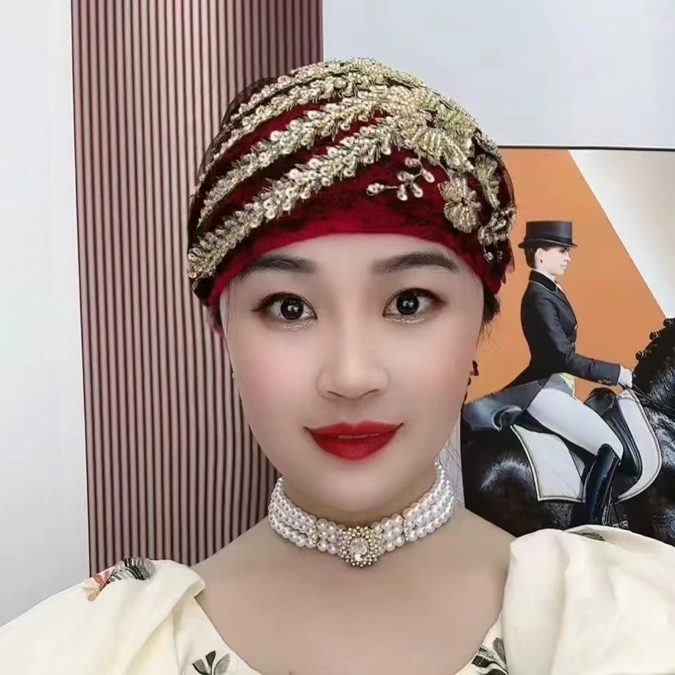【妈妈最爱】凤尾花发带帽子时尚款带后花包打底帽薄款蕾丝包头帽