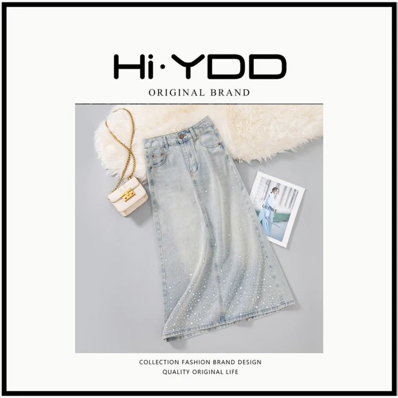 高腰A版牛仔裙女2025春季重工烫钻新款百搭宽松显瘦裙子潮6918