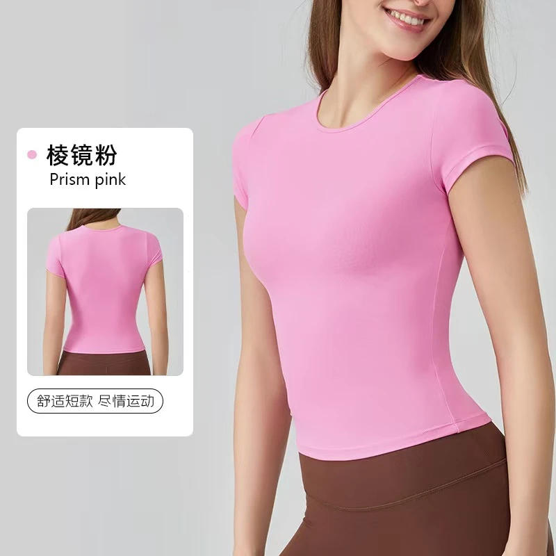 新款裸感瑜伽服短袖速干百搭修身运动T恤女款圆领显瘦健身上衣