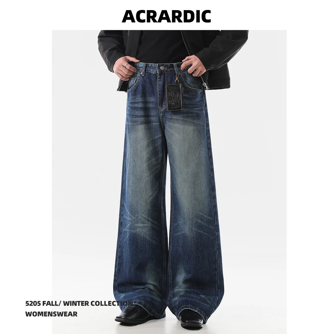 ACRARDIC2025潮牌猫须蓝色牛仔裤男高街痞帅cleanfit水洗直筒裤子