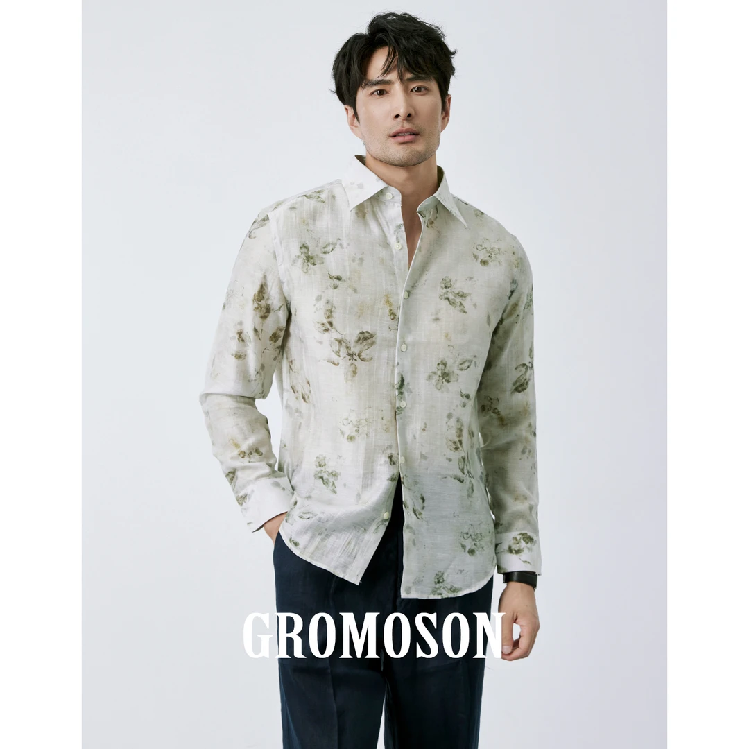 舒适透气 高定醋酸天丝亚麻长袖衬衫男士时尚秋季休闲印花衬衣男