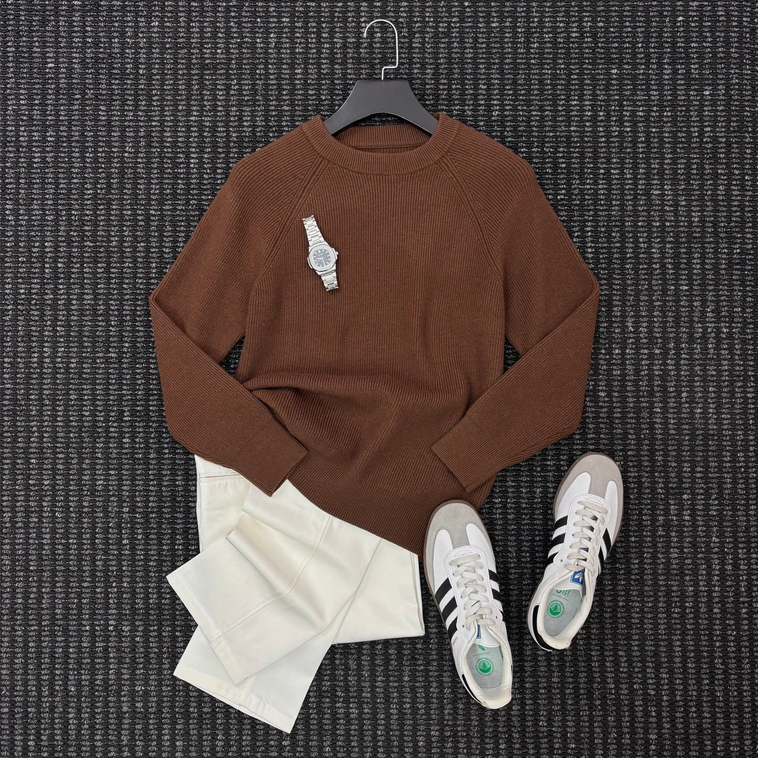 Gracefo秋冬保暖绵羊毛混纺插肩袖针织衫美式百搭圆领休闲毛衣男