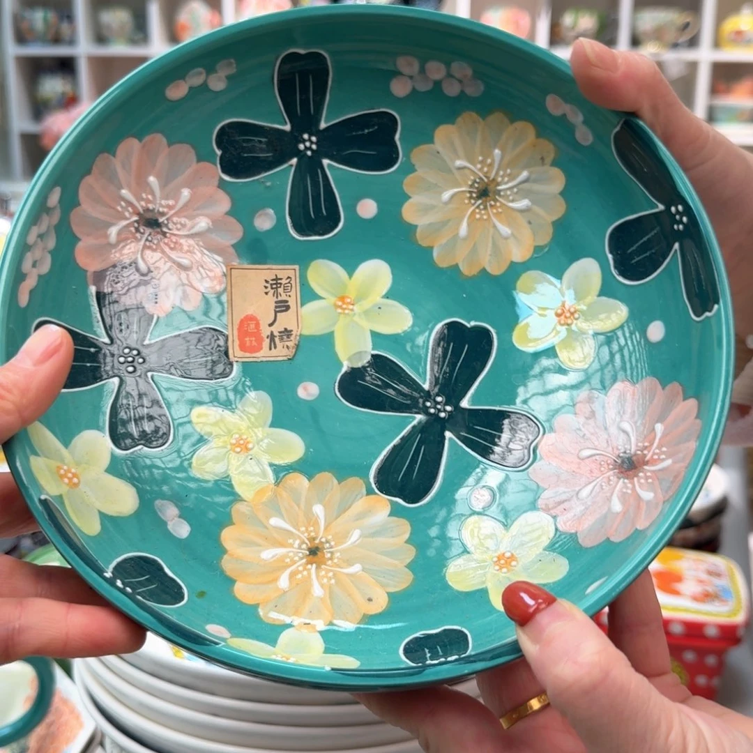 白瓷濑户烧8.5英寸花海深饭盘1只