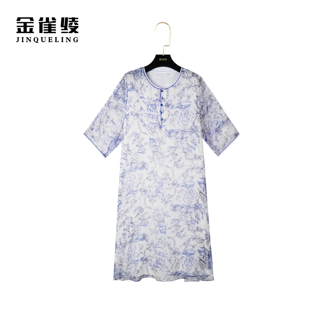 金雀绫【青花瓷】100桑蚕丝连衣裙夏季国风气质优雅款B23048