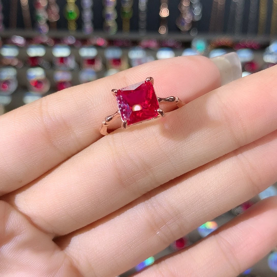 银S925镶嵌戒指红宝石玫瑰金8