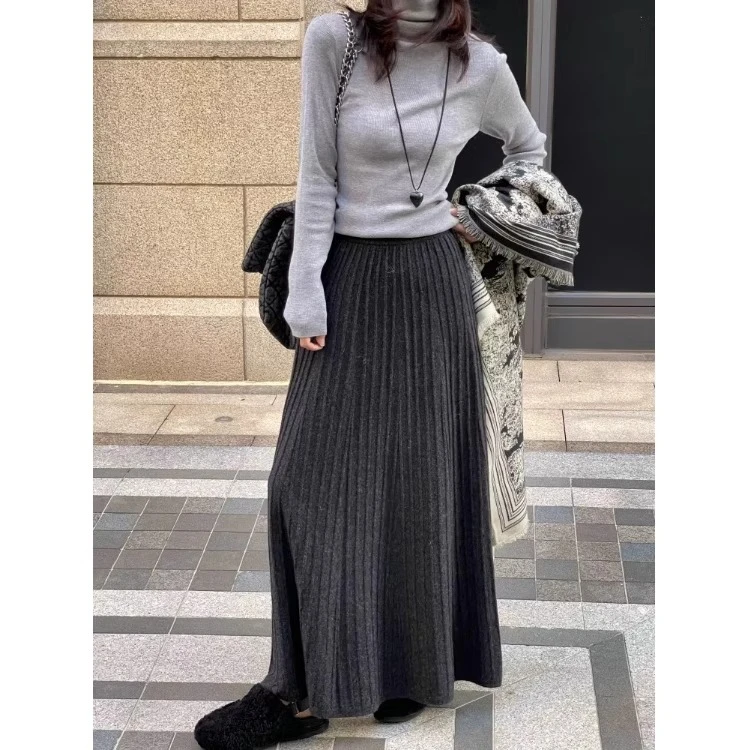 深灰色针织百褶半身裙女秋冬新款法式气质脚踝长裙高腰显瘦a字裙