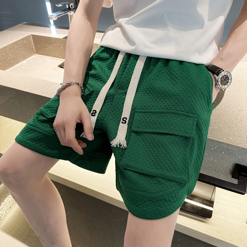 白色夏季新款男士工装休闲中裤宽松运动速干五分短裤子痞气高级感