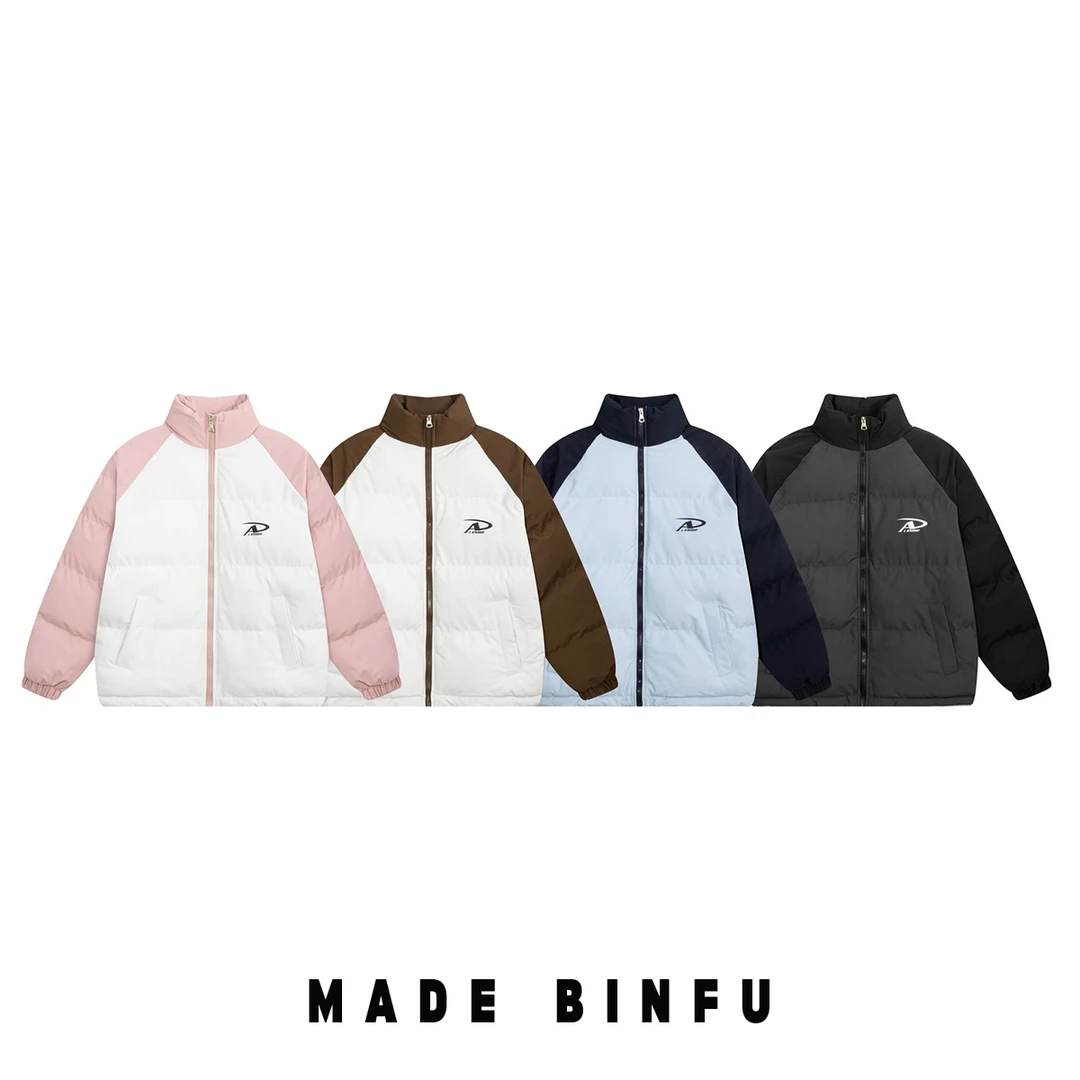 BINFU 冬装插肩袖撞色男女同款宽松情侣装棉衣外套