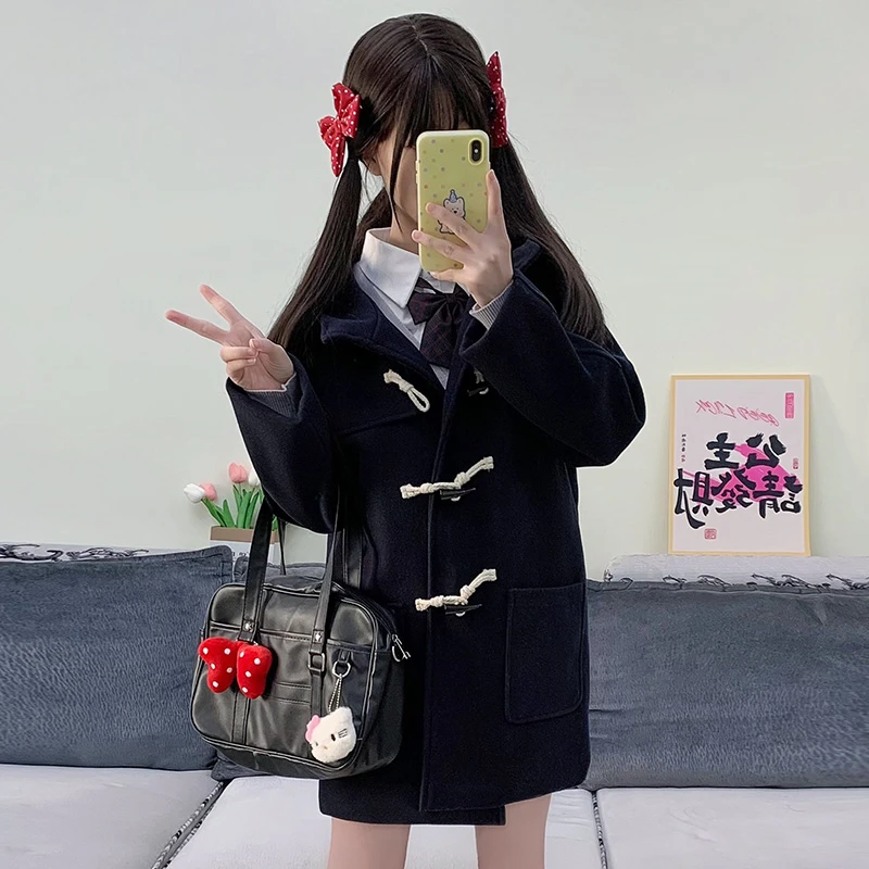 日系JK校供感牛角扣大衣女秋冬夹棉加厚款款小个子毛呢外套学院风