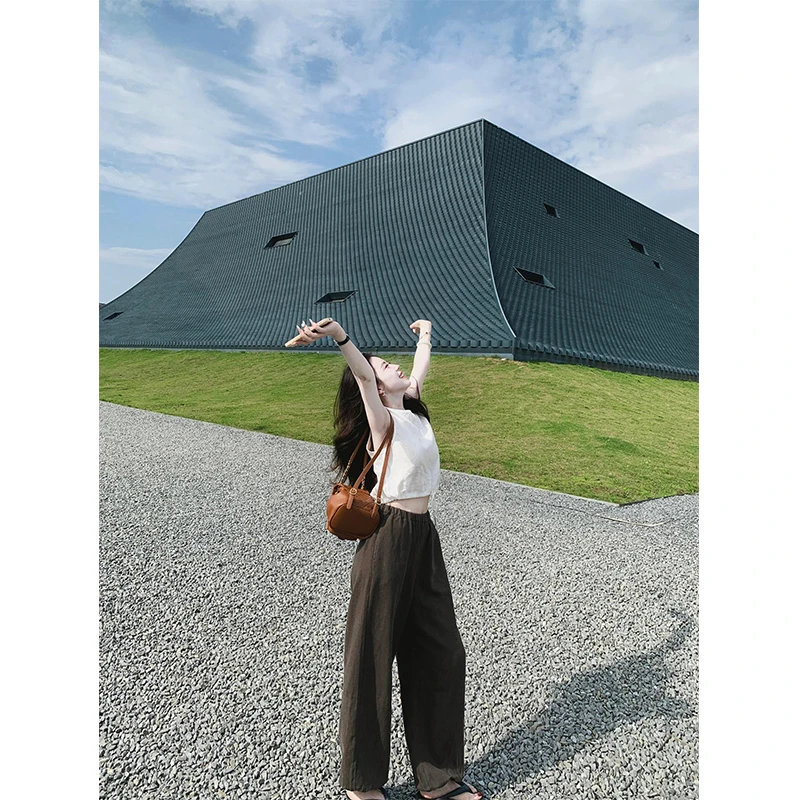 赴约极简女装气质无袖短袖上衣夏季高腰显瘦阔腿直筒长裤两件套