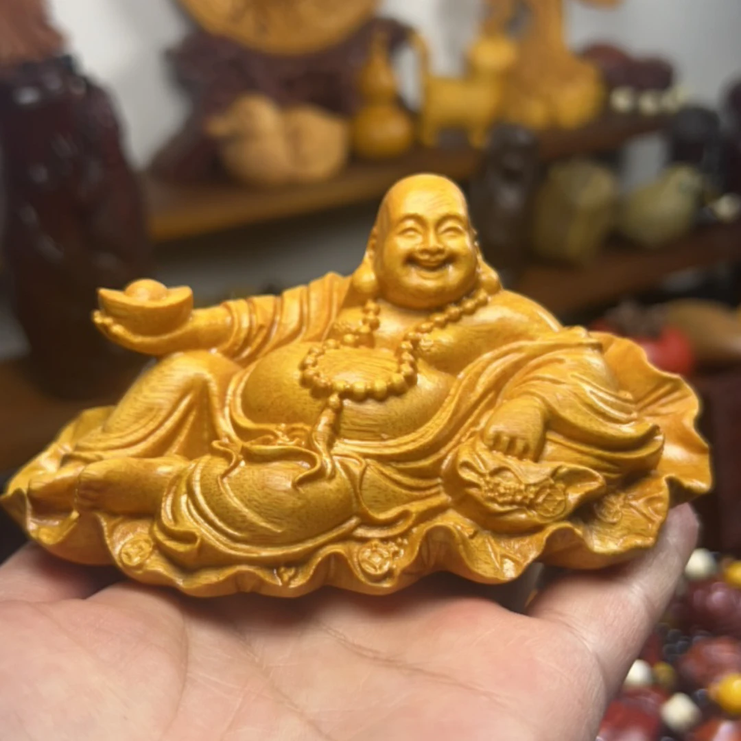 实木坐禅荷叶锭快乐弥勒汽车摆件茶几摆件雕刻木雕大型升八卦镜