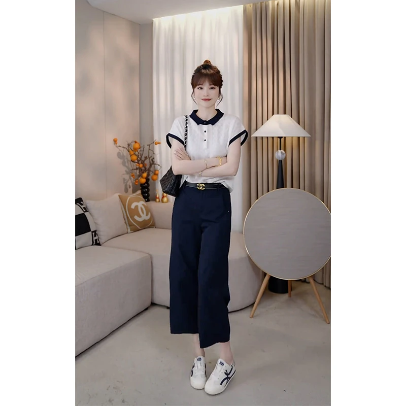 ins气质百搭夏装超火一整套韩系设计感polo领短袖上衣阔腿裤套装