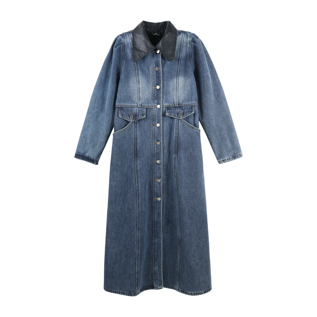 复古摩登皮领拼接排扣牛仔连衣裙长裙HBZXW918214