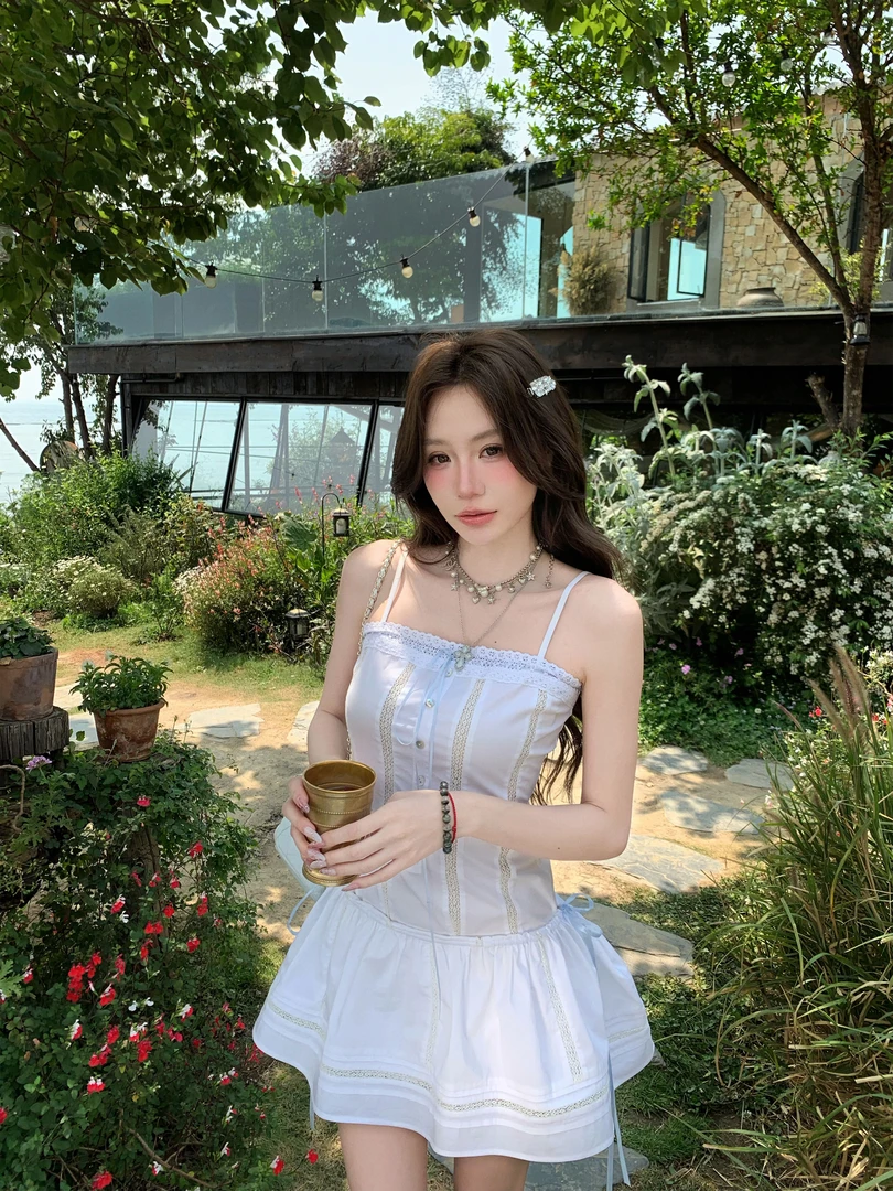 【偷心甜猫】夏季新款设计感小众两种穿法蕾丝绑带连衣裙长裙短裙女