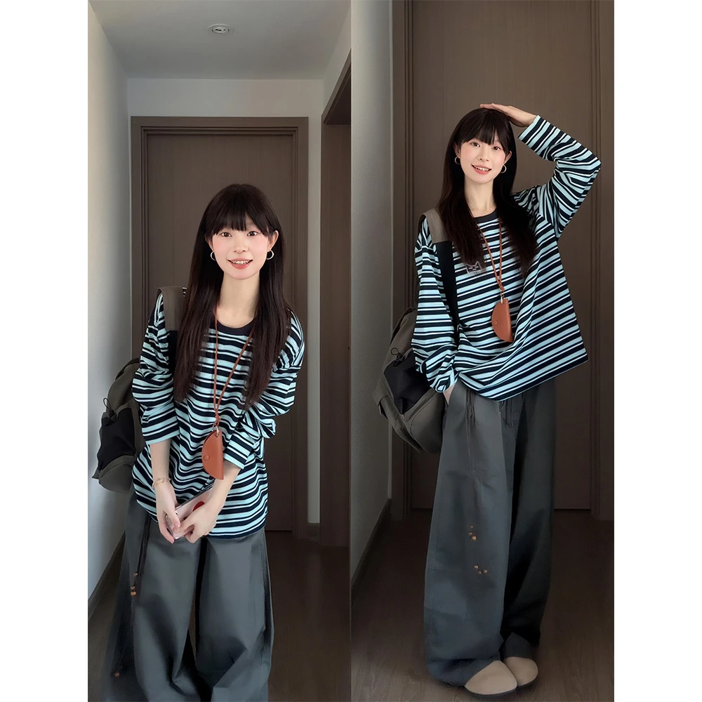 刺绣蓝色条纹长袖t恤女秋季新款小众设计感宽松慵懒风显瘦打底衫