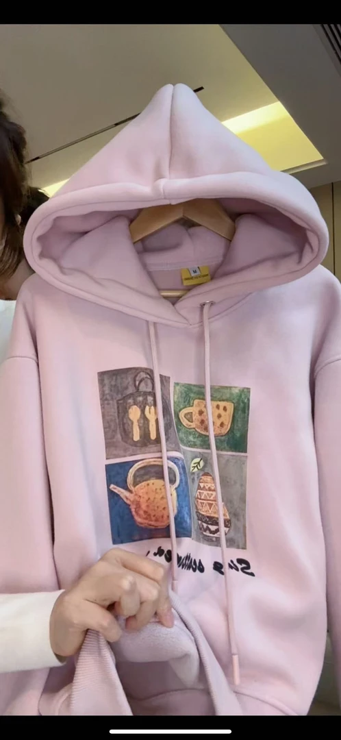 【蔓迪欧尚】加厚套头宽松纯色厚款女连帽卫衣潮流卡通百搭时尚1031