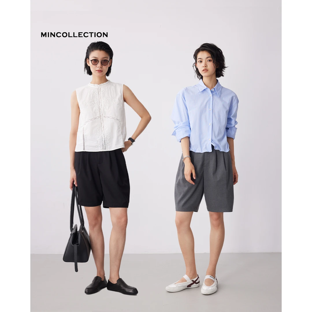 DE Mincollection双褶中裤/极简收褶通勤显瘦五分直筒西裤55053