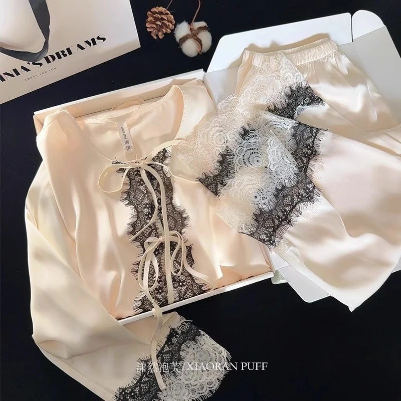 【月白光】法式甜美蕾丝仿醋酸冰丝睡衣女长袖长裤家居服套装送闺蜜