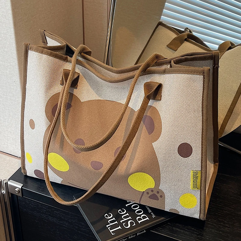 休闲大容量包包女夏新款卡通小熊帆布包大学生上课通勤单肩托特包