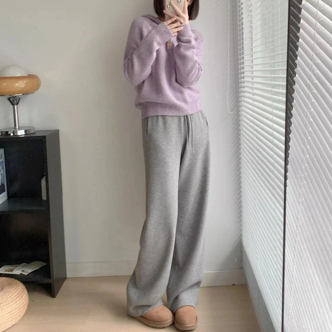 韩系慵懒风套装秋季新款设计感紫色连帽针织毛衣休闲裤时尚两件套