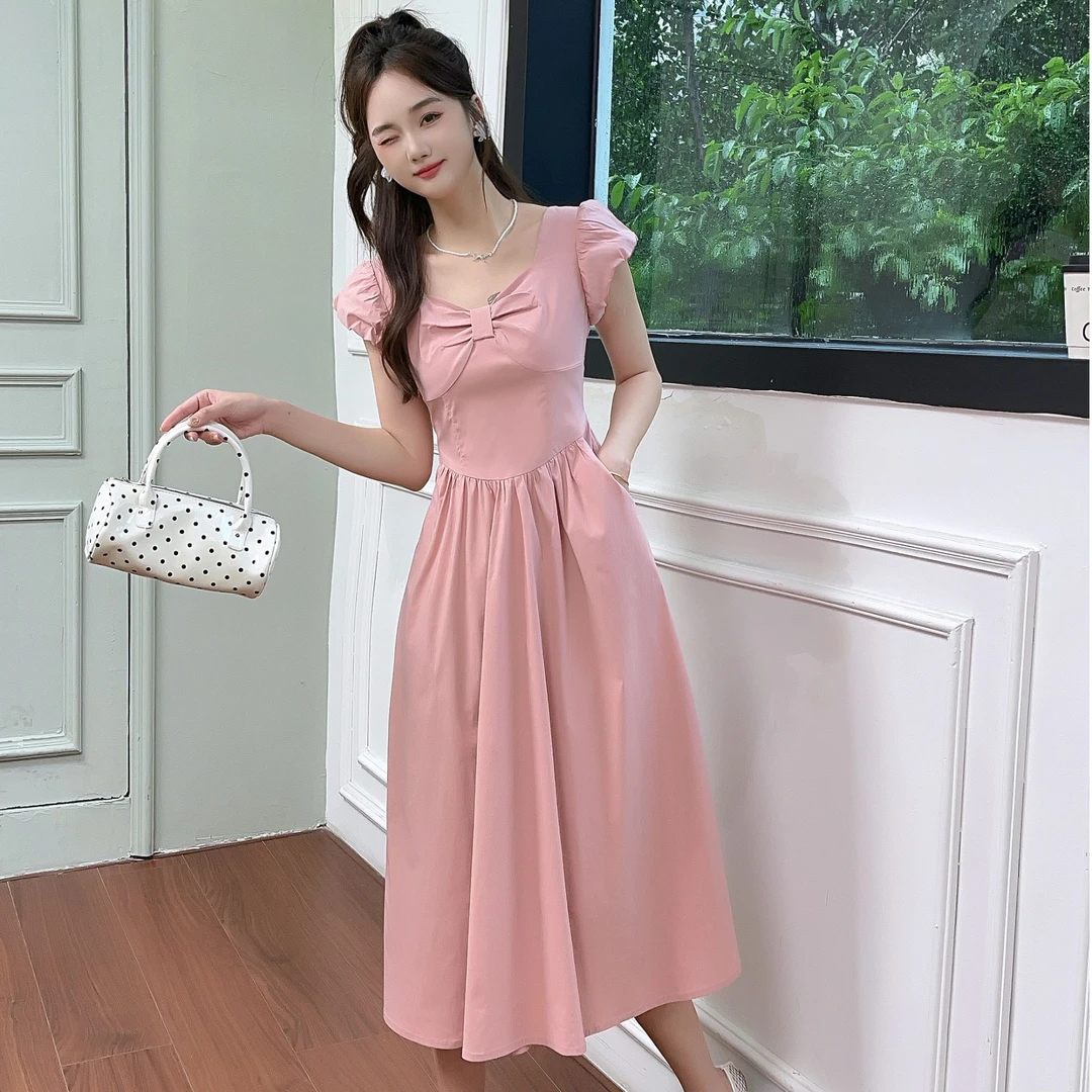 【依诗嫚】夏季新款气质优雅减龄小众方领蝴蝶结收腰显瘦连衣裙（2）