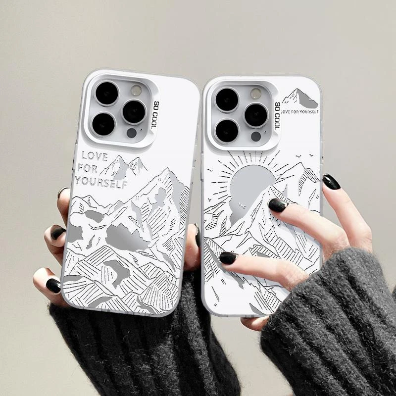 奥菲顿白底镂空雪山适用iPhone16/15pro元气11手机壳14苹果1312套