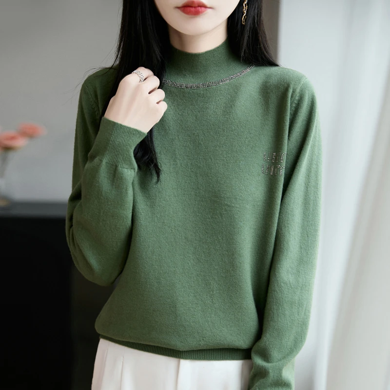 品牌女装秋冬新款纯色时尚烫钻半高领减龄女毛针织衫打底衫