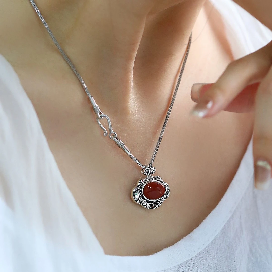 坠链均925银 项链送长辈纯银蛇年礼物复古花朵如意锁吊坠国风气质